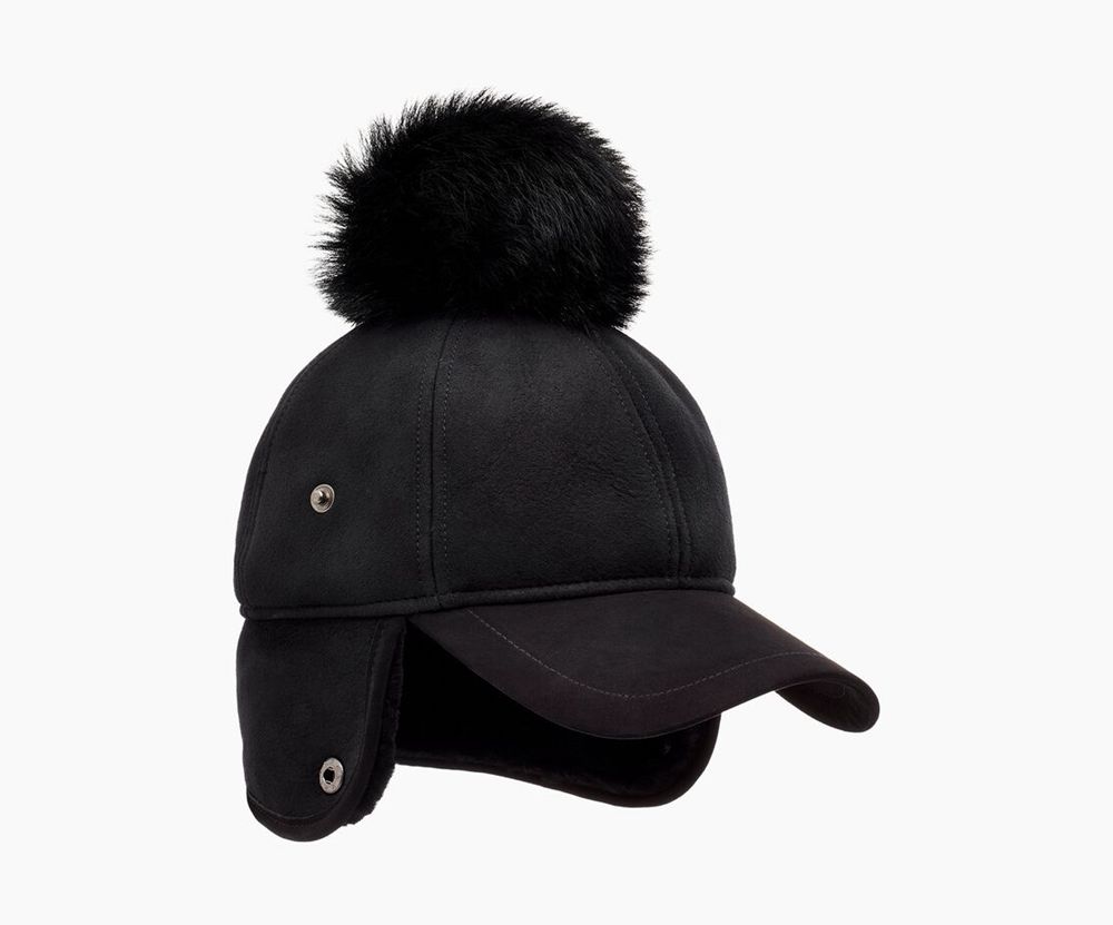 Ugg Cap Womens - Ugg Leather Sheepskin Trapper Cap Black - 650JGRQPB